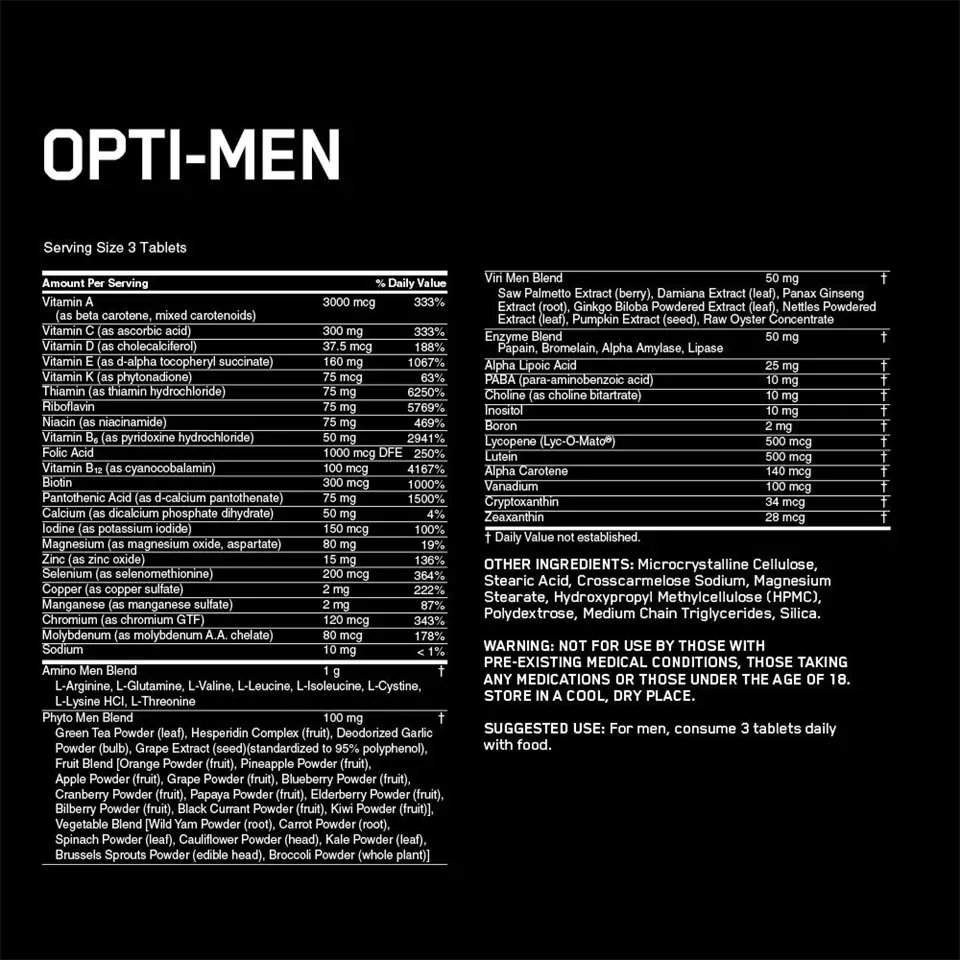 Optimum Nutrition Opti-Men összetevők