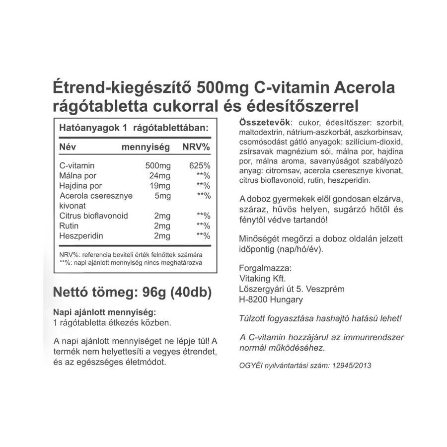 C-500mg Acerola málnás- 40 rágótabletta - Vitaking