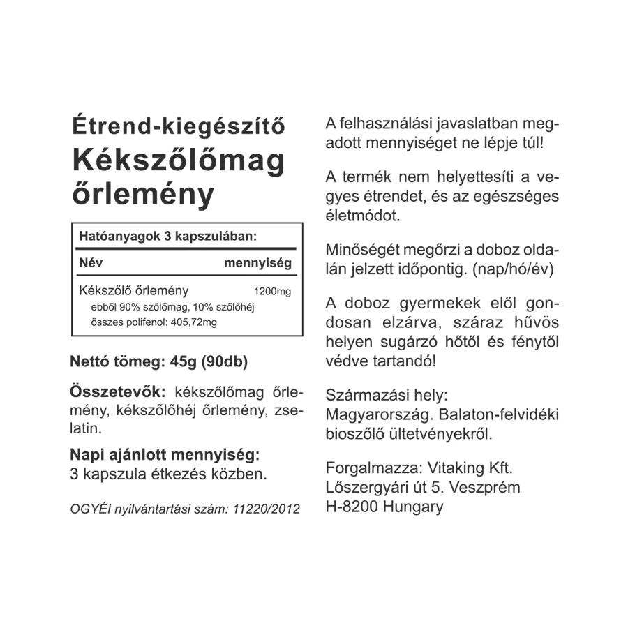 Szőlőmag örlemény 400mg - 90 kapszula - Vitaking