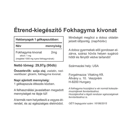 Fokhagymaolaj 1000mg - 90 gélkapszula - Vitaking