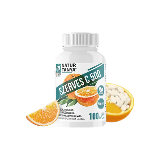 Szerves C 500 - kétféle C-vitamin gyomorkímélő - 100 rágótabletta - narancs - Natur Tanya