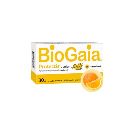 BioGaia Protectis Junior + D-vitamin, étrend-kiegészítő rágótabletta, 3 éves kortól - 30 db [30 rágótabletta]