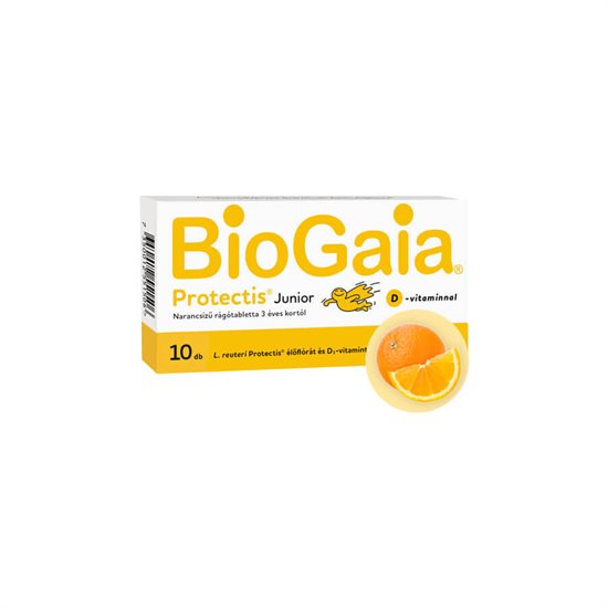 BioGaia Protectis Junior + D-vitamin, étrend-kiegészítő rágótabletta, 3 éves kortól - 10 db [10 rágótabletta]