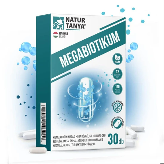 MEGABIOTIKUM - 12 féle baktériumtörzs, mega dózisú, 120 milliárd CFU élőflóra tartalom - 30 kapszula - Natur Tanya