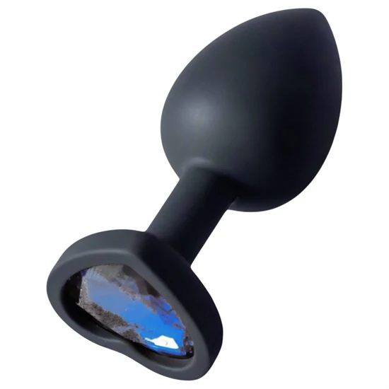 Sunfo - szilikon anál plug szív alakú sötét kék kővel (fekete)